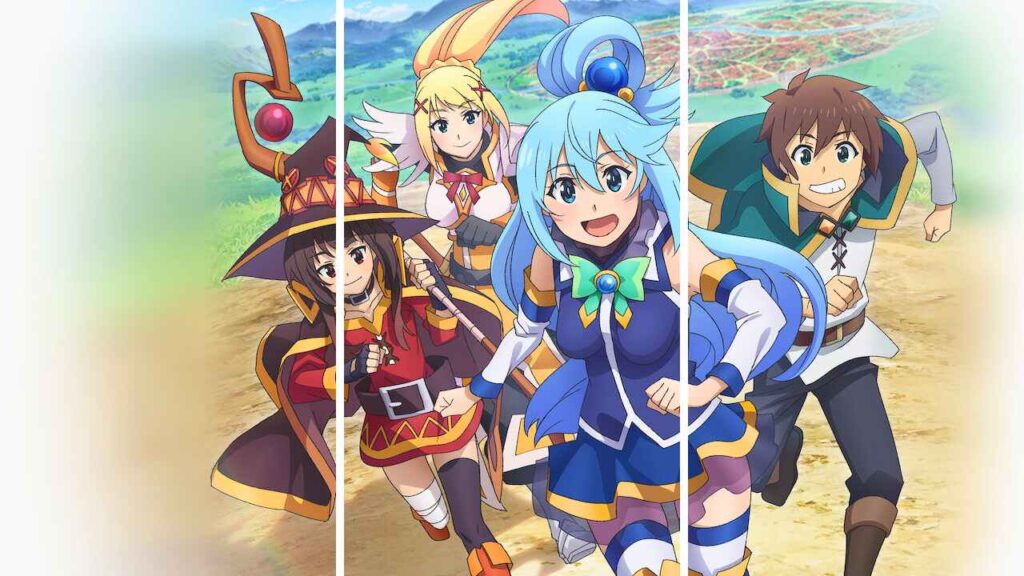 The new characters from Konosuba season 3 stand together, each with their own unique and vibrant personalities shining through